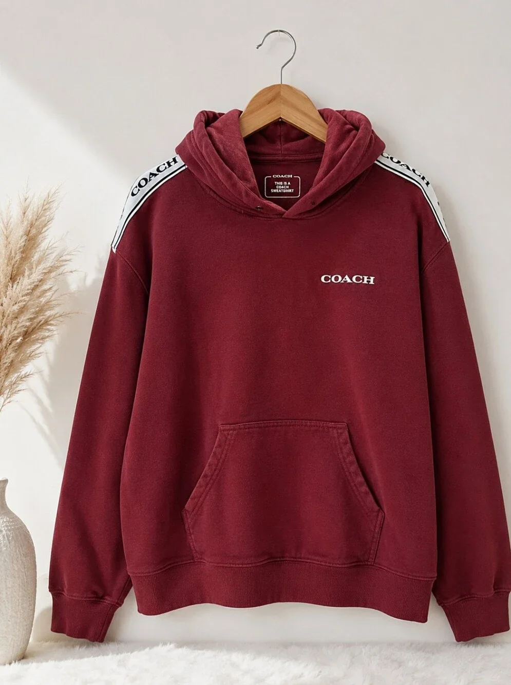 Coach Logo Tape Hoodie Burgundy
